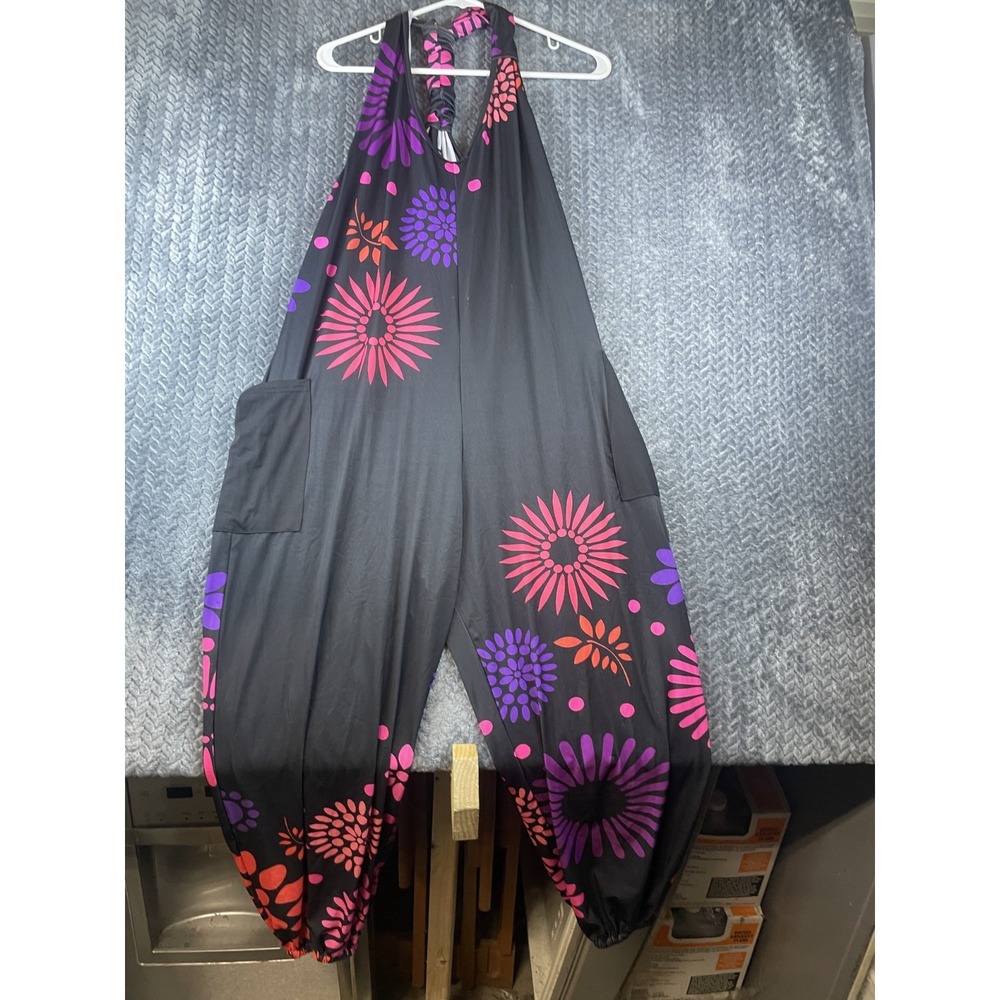 Lily by Firmiana Harem Overalls Womens Floral Sleeveless Loose Jumpsuit - Large